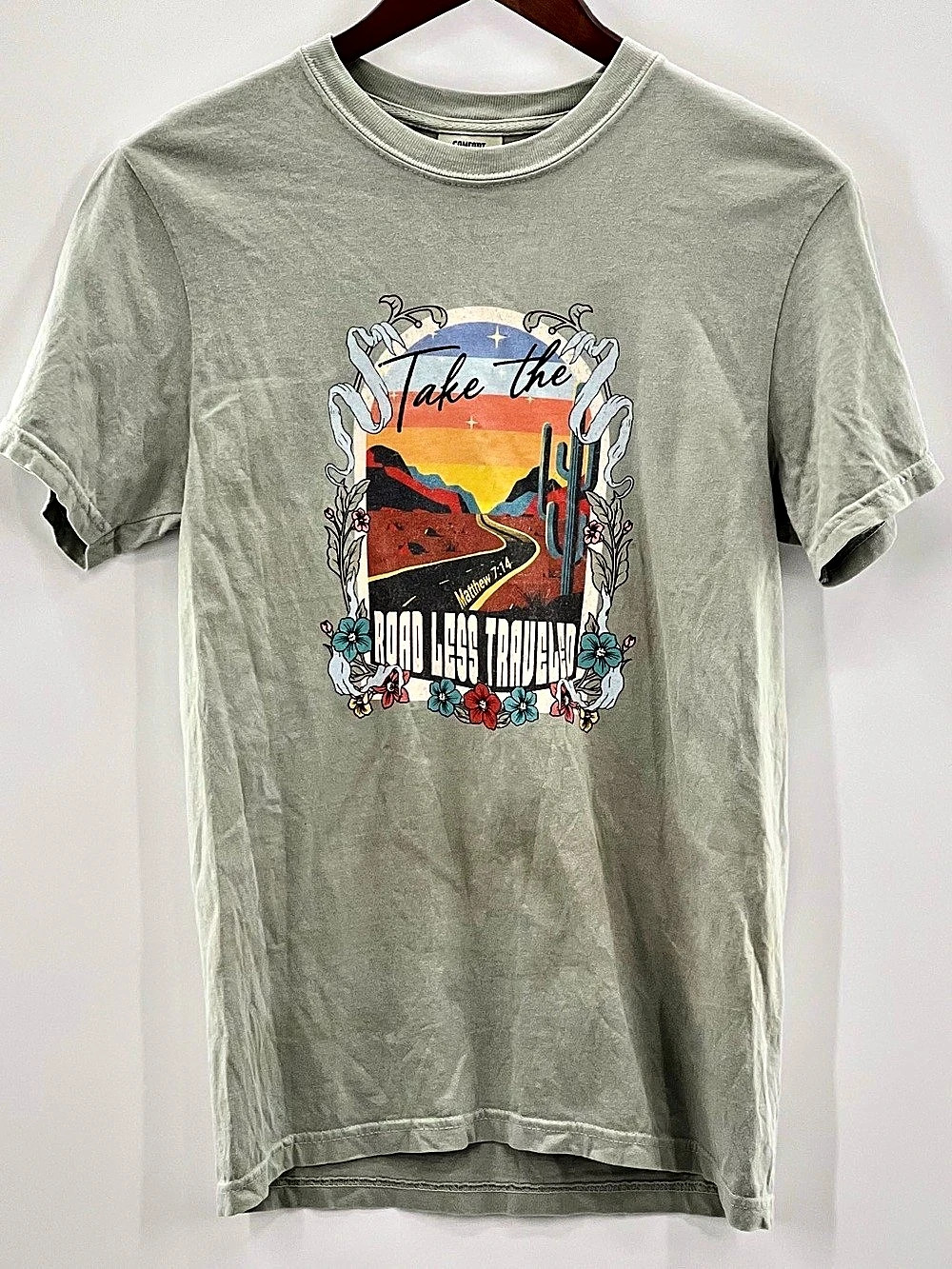 561 545 Comfort Colors Matthew 7:14 Road Less Traveled Green Graphic Tee Small